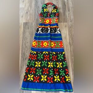 Vintage 60s Mod  Halter Vibrant Multicolor Patterned Maxi Dress